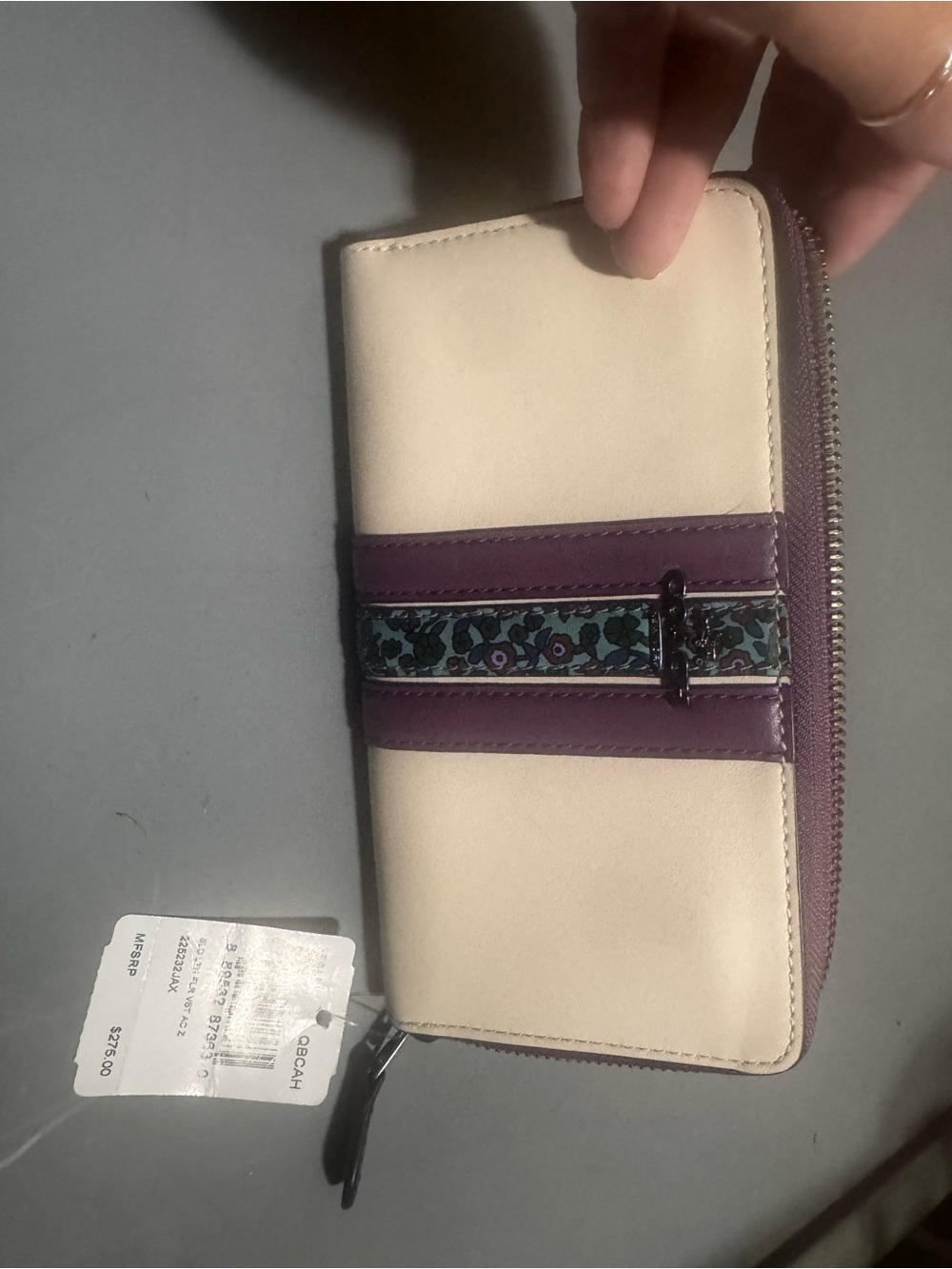 Coach Cream and Purple Floral-Trim Zip Wallet